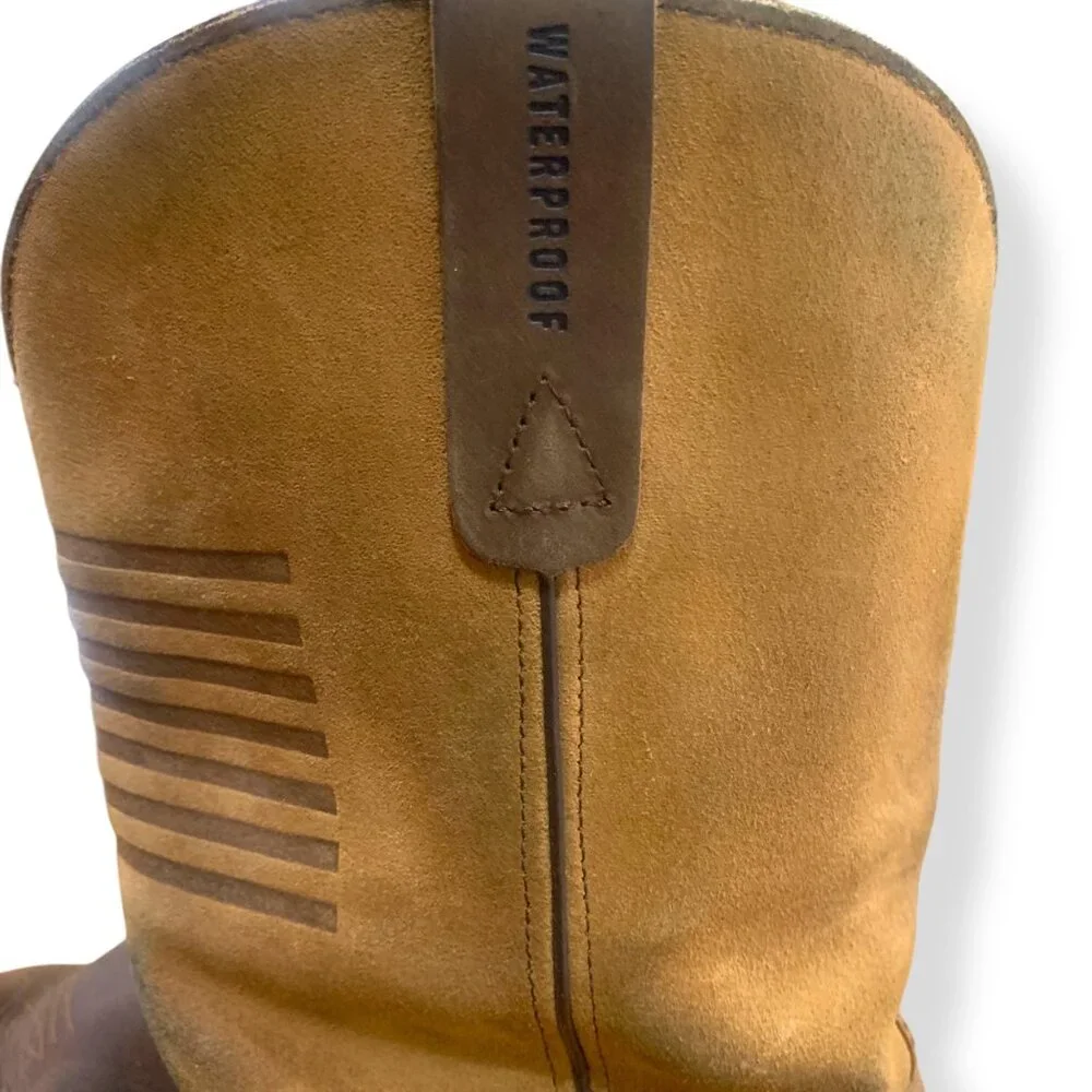 Mens Waterproof Brown Leather Steel Toe Work Boots American Flag Design Size 13D